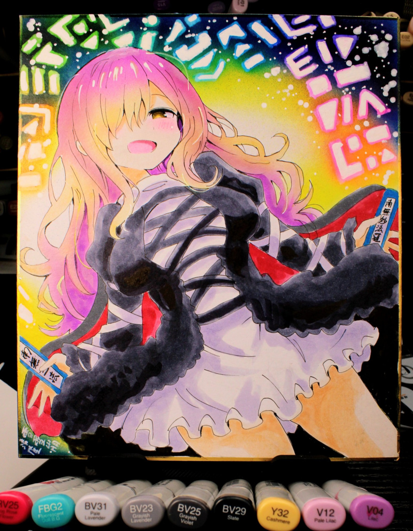 1girl, arm_ribbon, black_background, black_jacket, blonde_hair, blush, breasts, commentary_request