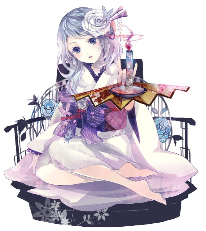 blush, candle, fan, flower, folding_fan, hair_flower, hair_ornament, head_tilt
