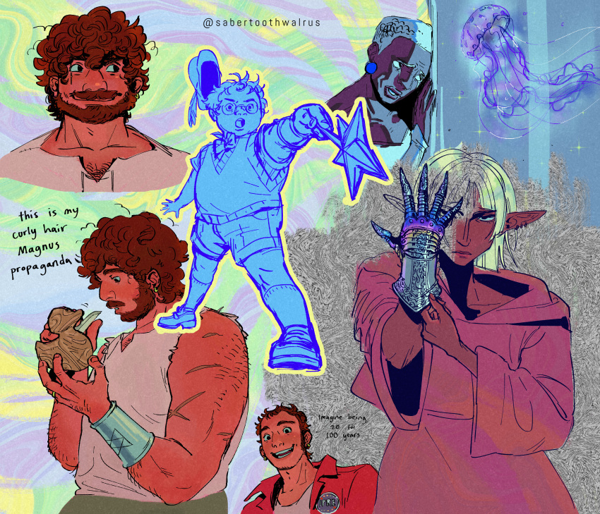 2boys, 2girls, absurdres, angus_mcdonald, aquiline_nose, beard, bird, blonde_hair