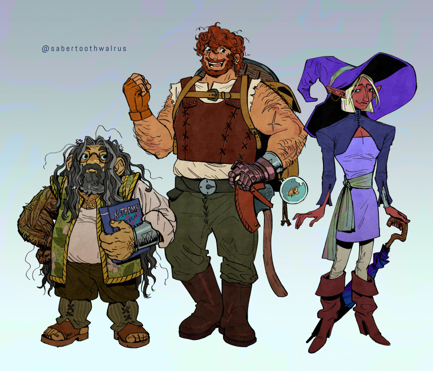 3boys, absurdres, aquiline_nose, arm_hair, armor, axe, backpack, bag