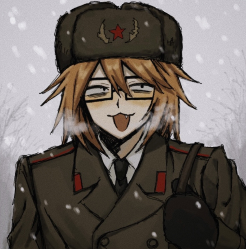 1boy, :3, bags_under_eyes, black_mittens, black_necktie, brown_jacket, commentary_request, fang, fur_hat, glasses, hair_between_eyes, hat, highres, jacket, long_sleeves, male_focus, military_uniform, mittens, necktie, open_mouth, outdoors, randal's_friends, randal_ivory, solo, upper_body, ushanka, winter, yano_(zri_088)