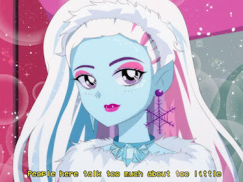 1990s_(style), 1girl, abbey_bominable, animification, blue_eyes, blue_hair, blue_skin, breasts