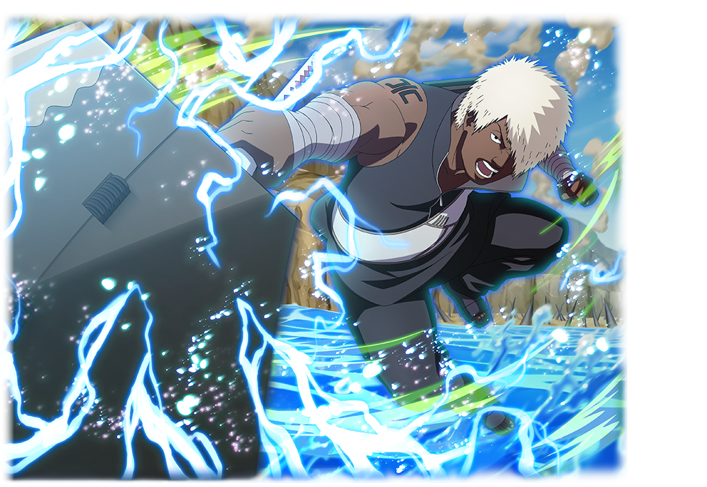 1boy, black_jacket, black_pants, dark-skinned_male, dark_skin, darui_(naruto), electricity, hair_over_one_eye