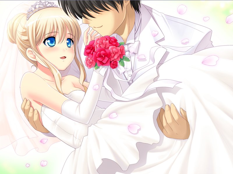 1boy, 1girl, bare_shoulders, bishoujo_(game), black_hair, blonde_hair, blue_eyes, blush