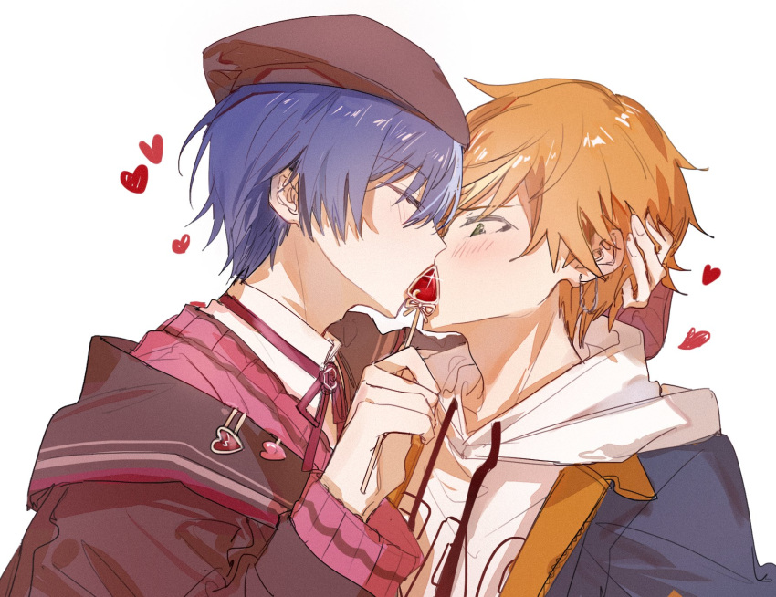 2boys, aoyagi_touya, beret, blonde_streaks, blue_hair, blush, closed_eyes, collared_shirt, commentary, grabbing_another's_hair, hat, heart, highres, holding_another's_hair, hood, hoodie, kiss, multicolored_hair, multiple_boys, official_alternate_costume, orange_hair, project_sekai, sayuu_ananooo, shinonome_akito, shirt, simple_background, split-color_hair, streaked_hair, untranslatable_commentary, white_background, white_hoodie, yaoi