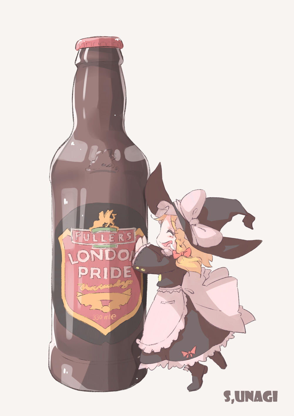 1girl, alcohol, apron, artist_name, beer, black_dress, black_hat, black_shoes