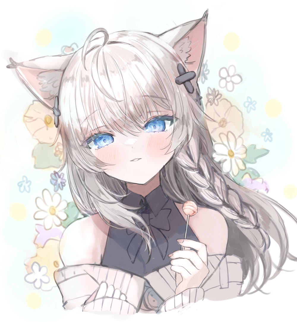 1girl, animal_ear_fluff, animal_ears, blue_eyes, candy, cat_ears, cat_girl, flower