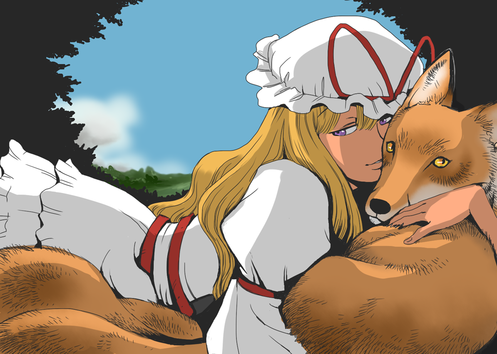 blonde_hair, face, fox, hands, hat, hug, long_hair, onigashira_rin, onikobe_rin, outdoors, purple_eyes, smile, touhou, violet_eyes, yakumo_ran, yakumo_ran_(fox), yakumo_yukari, yellow_eyes