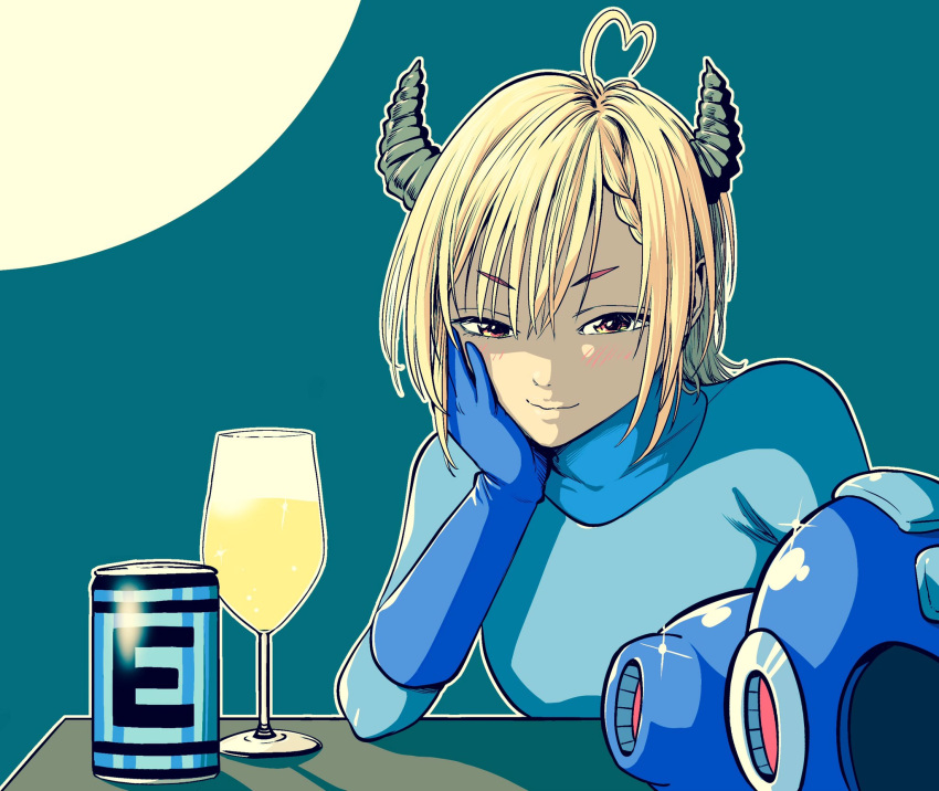1girl, ahoge, arm_cannon, beer_can, blonde_hair, blue_gloves, blue_helmet, braid