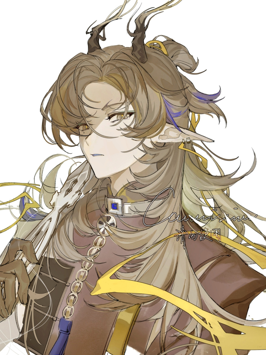 1boy, absurdres, arknights, brown_hair, brown_hands, chinese_commentary, colored_extremities, commentary_request