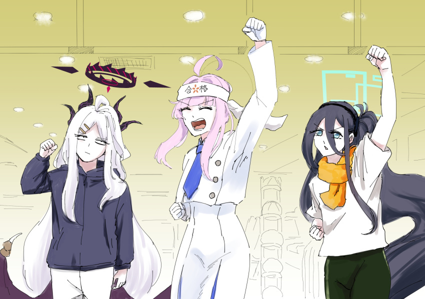 3girls, :d, ^_^, ahoge, alternate_costume, aris_(blue_archive), black_jacket, blue_archive