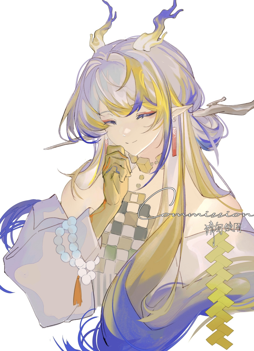 1girl, absurdres, arknights, bare_shoulders, chinese_commentary, closed_eyes, closed_mouth, colored_extremities