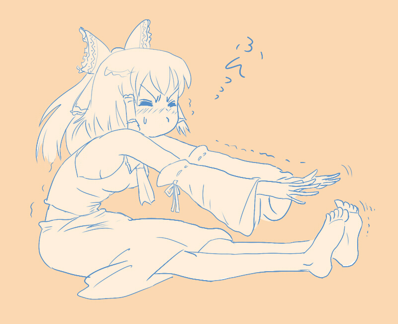 ascot, barefoot, bow, breasts, closed_eyes, detached_sleeves, feet, hair_bow, hair_tubes, hakurei_reimu, monochrome, no_bra, outstretched_arms, ponytail, sideboob, simple_background, sitting, skirt, solo, stretch, touhou, vagabond743