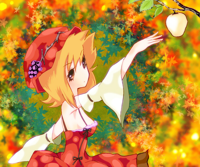adapted_costume, aki_minoriko, bare_shoulders, blonde_hair, detached_sleeves, dress, eyelashes, food