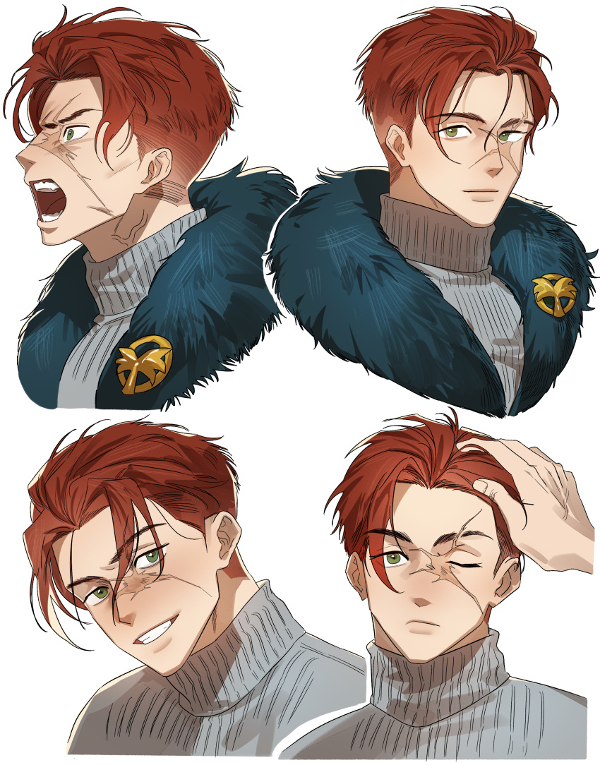 1boy, 1other, absurdres, closed_mouth, coat, commentary_request, creius_(reverse:1999), from_side, fur-trimmed_coat, fur_trim, green_eyes, grey_sweater, grin, hand_on_another's_head, highres, korean_commentary, looking_at_viewer, male_focus, mip_(mmmiiippp999), multiple_views, one_eye_closed, open_mouth, portrait, profile, red_hair, reverse:1999, scar, scar_on_face, smile, sweater, teeth, turtleneck, turtleneck_sweater, white_background