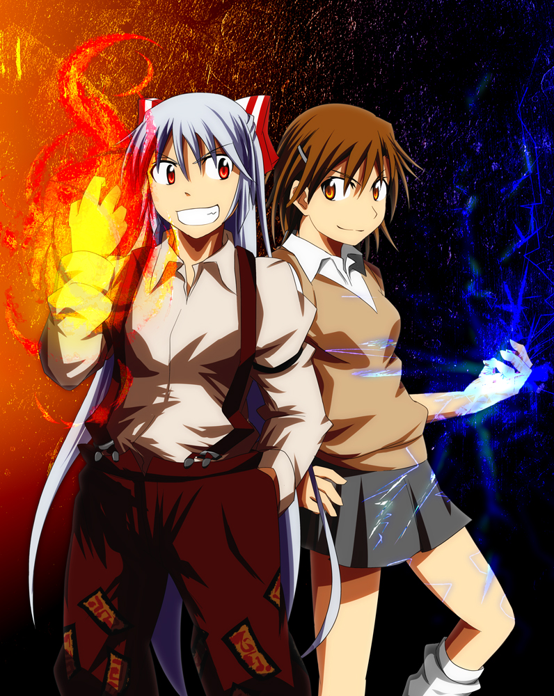 biribiri, bow, crossover, electricity, fire, fujiwara_no_mokou, hair_bow, hair_ornament