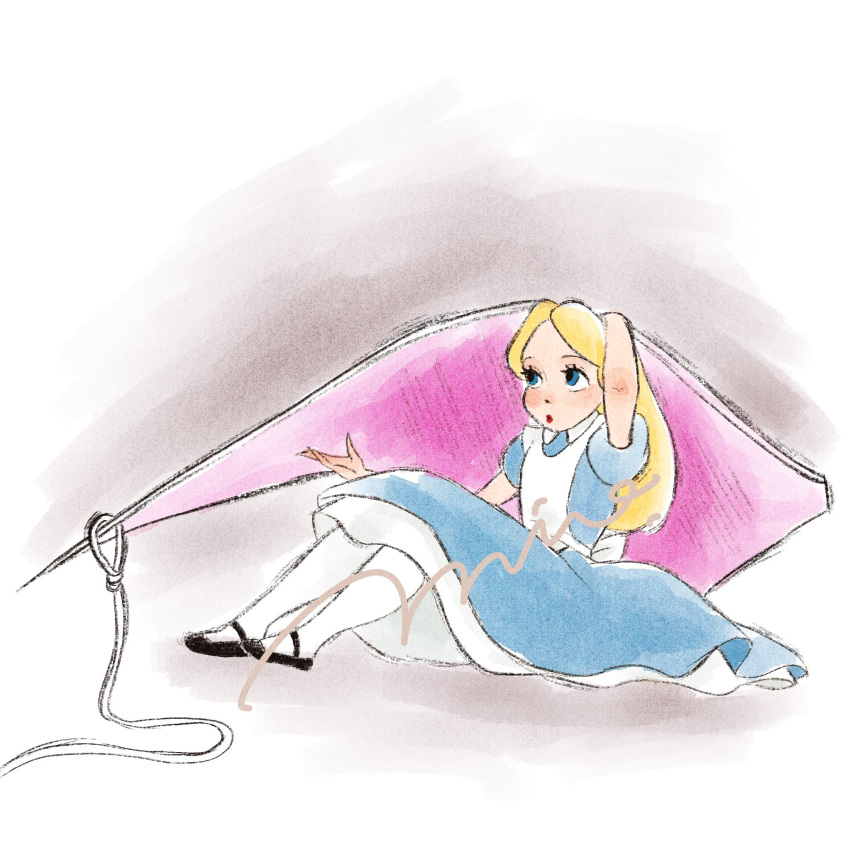 1girl, alice_(disney), alice_in_wonderland_(disney), apron, blonde_hair, blue_dress, blue_eyes, bow