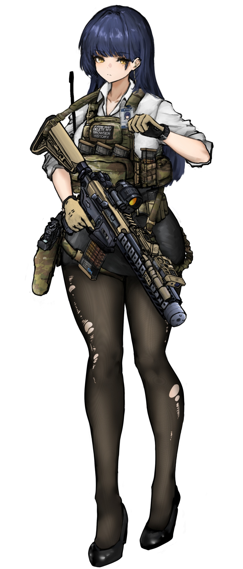 1girl, absurdres, ammunition_pouch, bdp_lee, black_hair, black_pantyhose, brown_gloves, english_text
