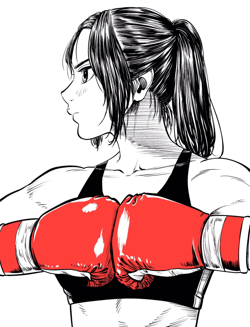 1girl, boxing_gloves, breasts, commentary_request, expressionless, frown, gloves, hatching_(texture)