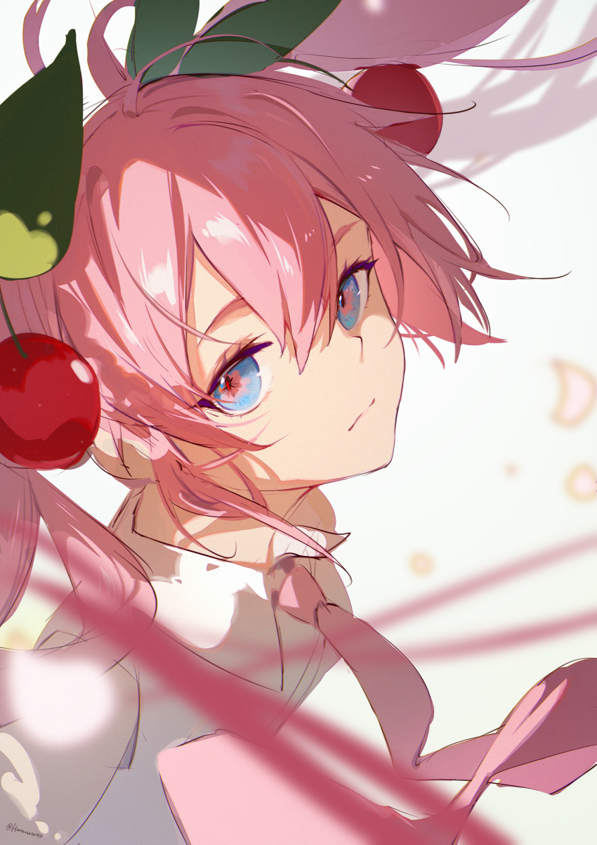 1girl, blue_eyes, cherry_blossoms, cherry_hair_ornament, chinese_commentary, closed_mouth, commentary_request, flower-shaped_pupils