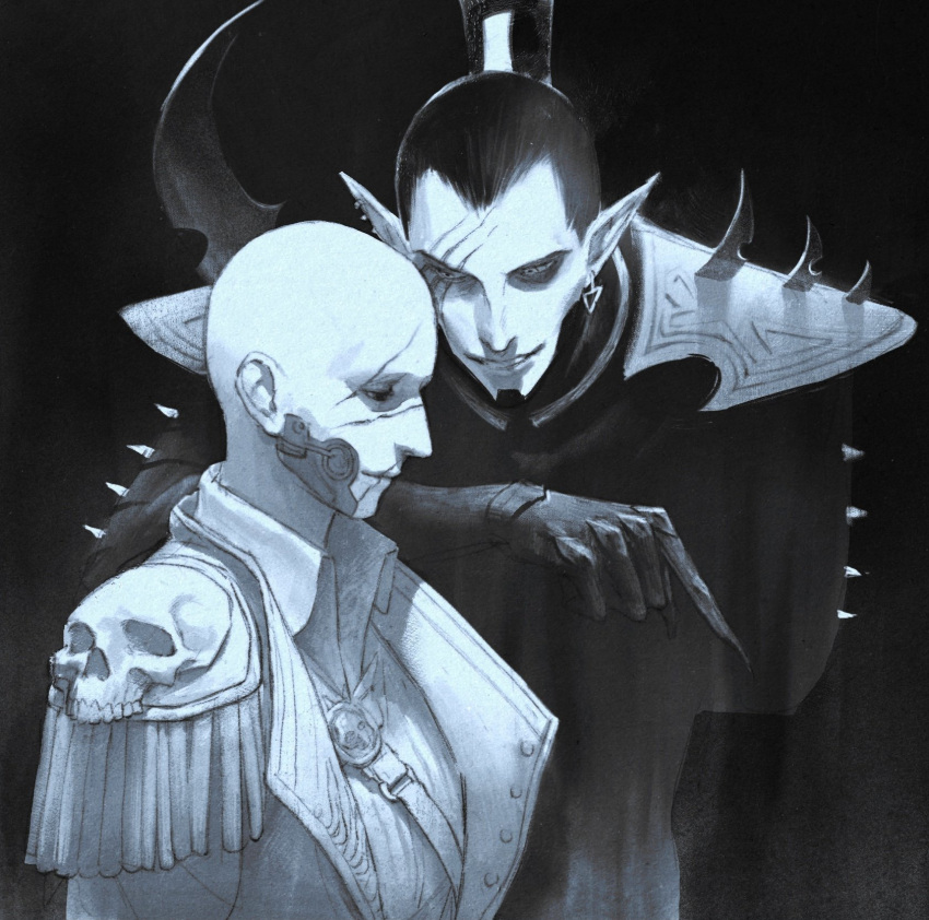 1boy, 1girl, armor, black_hair, crazy_grin, dark_eldar, dark_elf, earrings