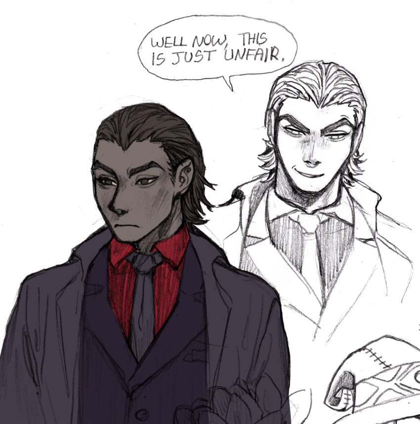 1boy, coat, dark-skinned_male, dark_skin, formal_clothes, frown, hair_slicked_back, highres, kravitz_(the_adventure_zone), male_focus, necktie, smile, smirk, speech_bubble, suit, the_adventure_zone, tsurime, ubuuugreenie