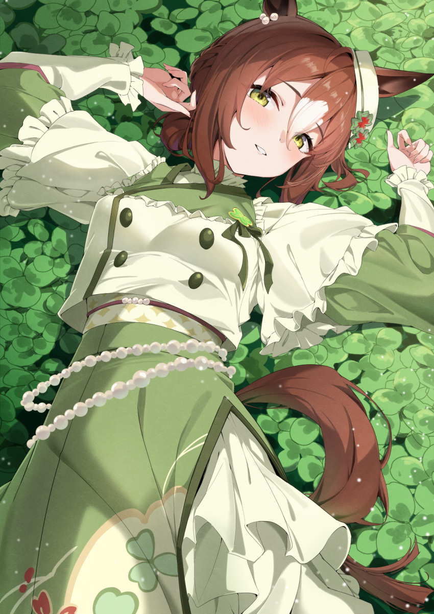 1girl, animal_ears, blush, brown_hair, brown_tail, clover, clover_print, commentary_request