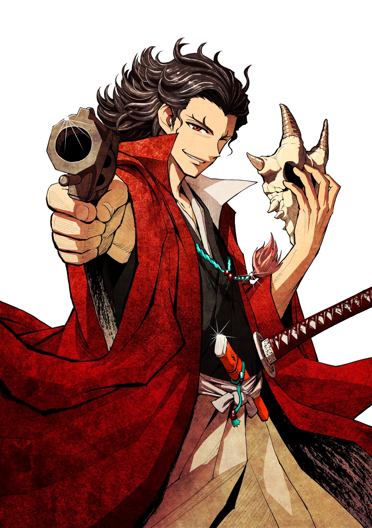 1boy, aiming, aiming_at_viewer, black_hair, commentary_request, gun, handgun, highres