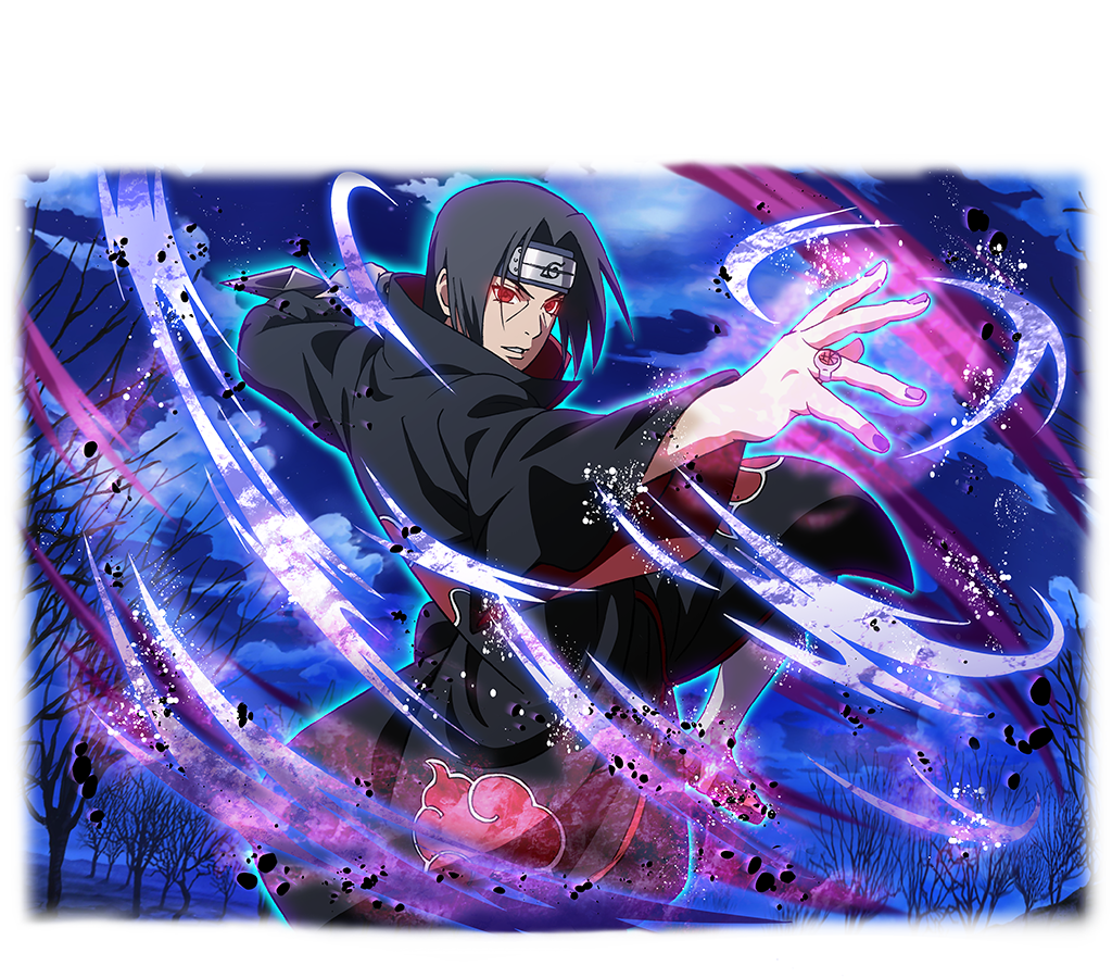 1boy, akatsuki_uniform, black_coat, black_hair, coat, forehead_protector, jewelry, konohagakure_symbol, looking_at_viewer, naruto_(series), naruto_shippuuden:_ultimate_ninja_blazing, night, official_art, outdoors, print_coat, red_eyes, ring, short_hair, solo, uchiha_itachi