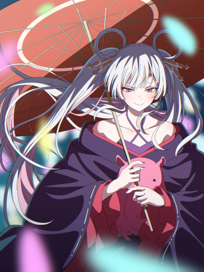 1girl, blue_eyes, blue_kimono, blurry, cho_kaguya-hime!, closed_mouth, colored_inner_hair, commentary
