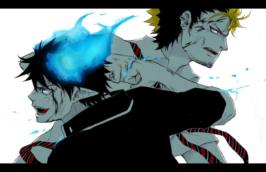 akuhaku, ao_no_exorcist, black_hair, blood, blue_eyes, earrings, fist_bump, jewelry