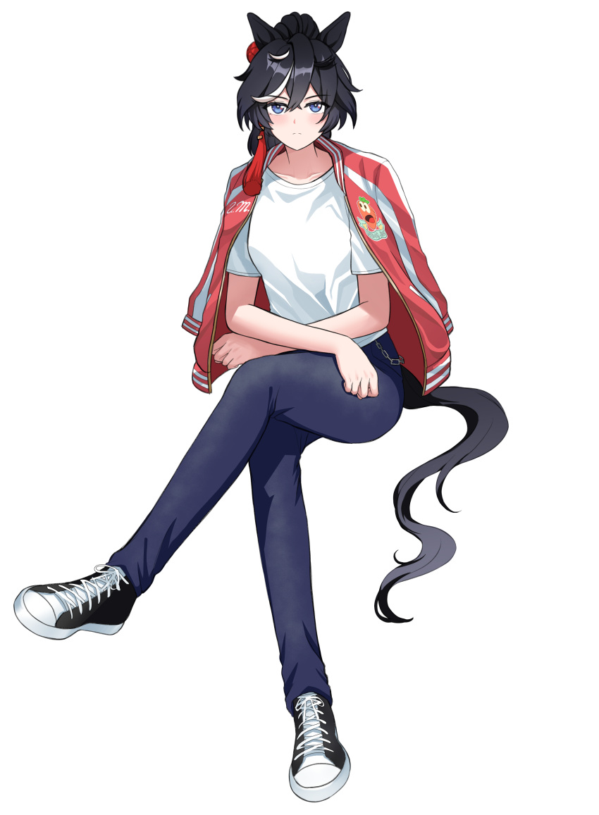1girl, absurdres, animal_ears, bbreaad, black_hair, blue_eyes, blue_pants, blush