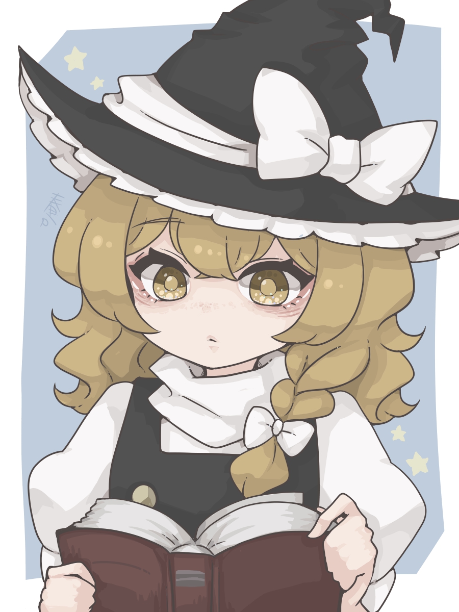 1girl, black_hat, black_vest, blonde_hair, book, bow, braid, buttons