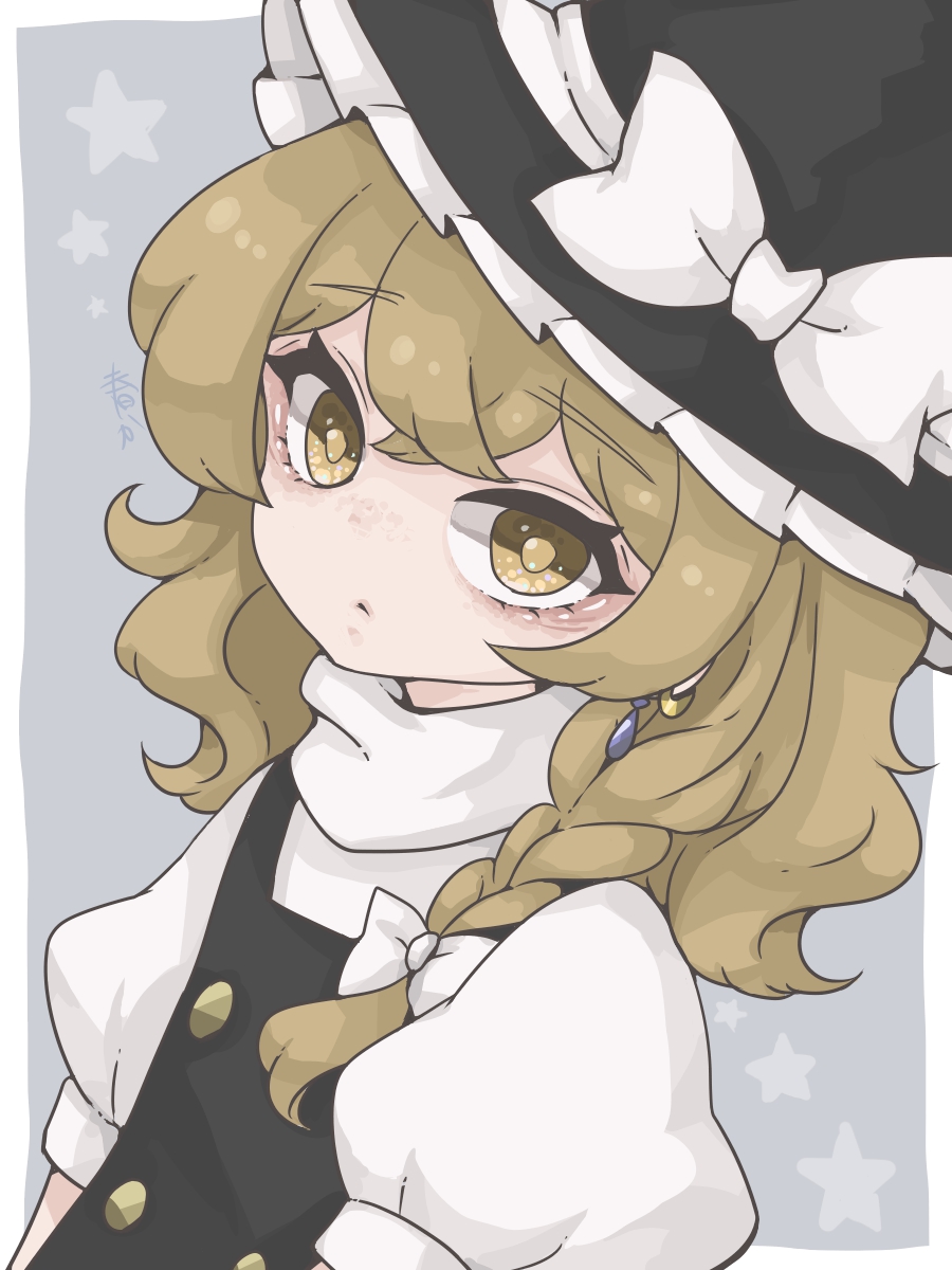 1girl, black_hat, black_vest, blonde_hair, border, bow, braid, buttons