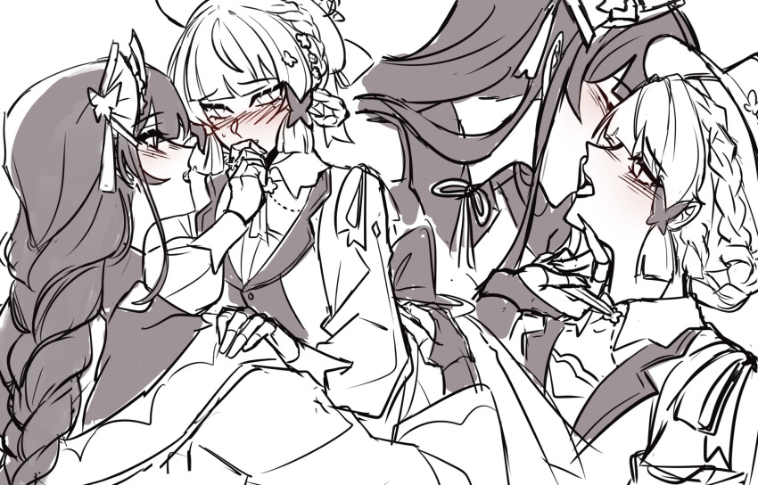 2girls, alfaidopasta, alternate_costume, blunt_bangs, blush, braid, close-up, closed_mouth