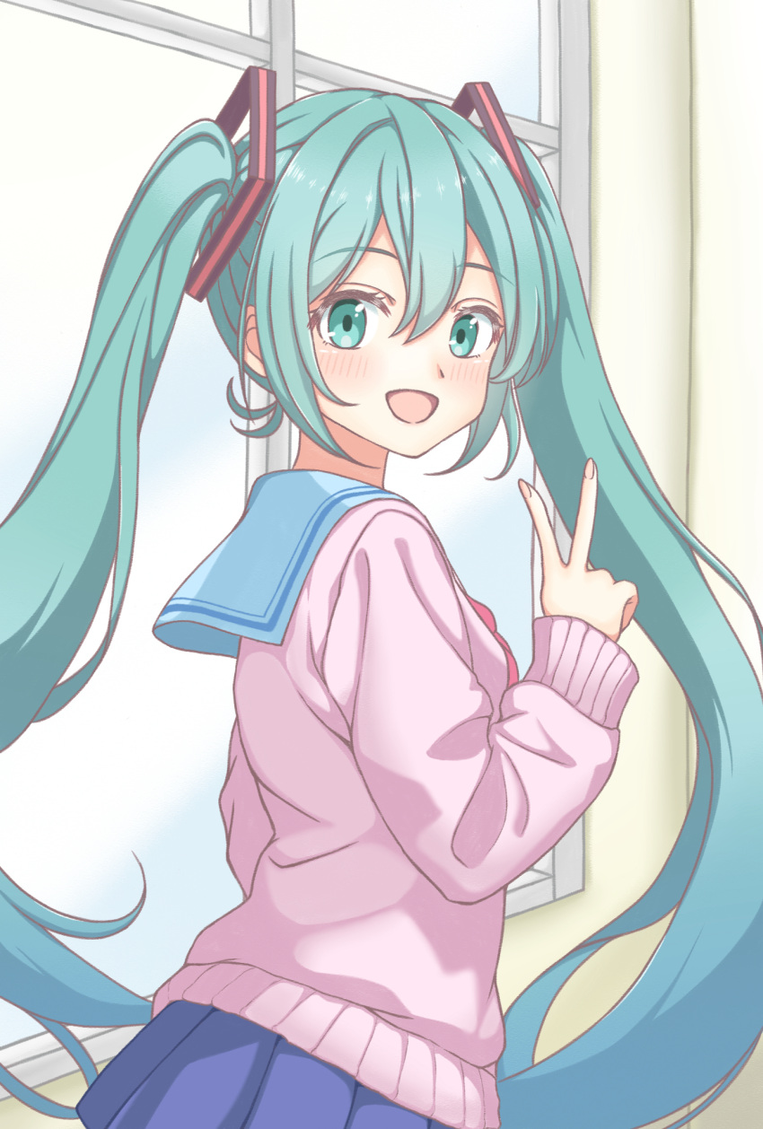 1girl, :d, aqua_eyes, aqua_hair, blue_sailor_collar, blue_skirt, blush, commentary_request