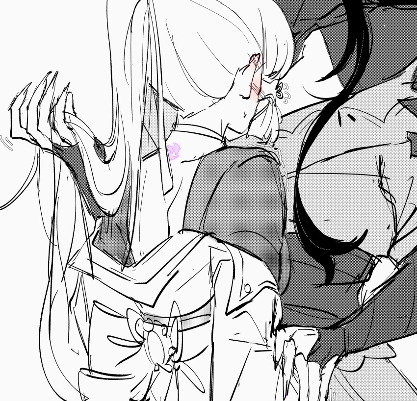 2girls, absurdres, alfaidopasta, back_tattoo, blush, bridal_gauntlets, close-up, couple