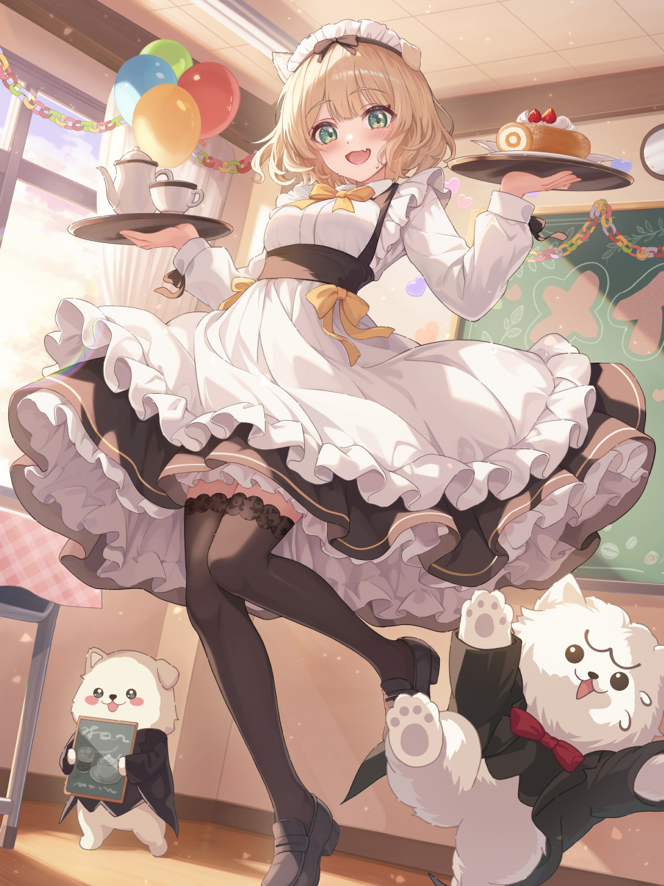 1girl, animal_ears, apron, black_shoes, blonde_hair, blush, bow, bowtie