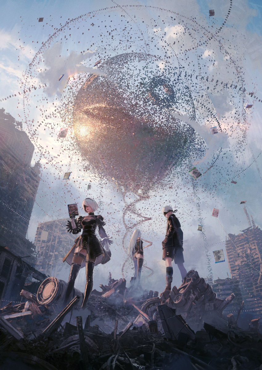 1boy, 2b_(nier:automata), 2girls, 3d, 9s_(nier:automata), a2_(nier:automata), absurdres, android