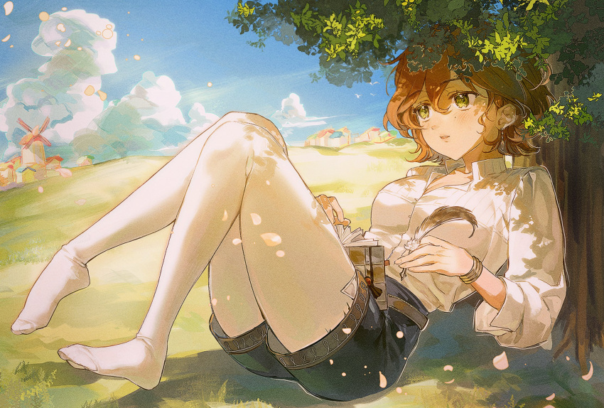 1girl, against_tree, black_shorts, brown_hair, clouds, cloudy_sky, commentary_request, day