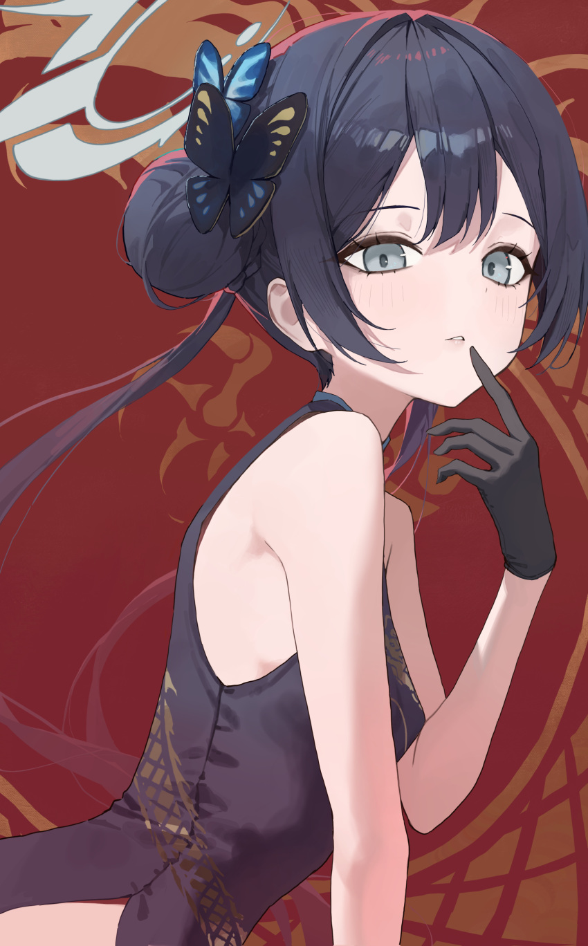 1girl, absurdres, black_dress, black_gloves, black_hair, blue_archive, blush, butterfly_hair_ornament