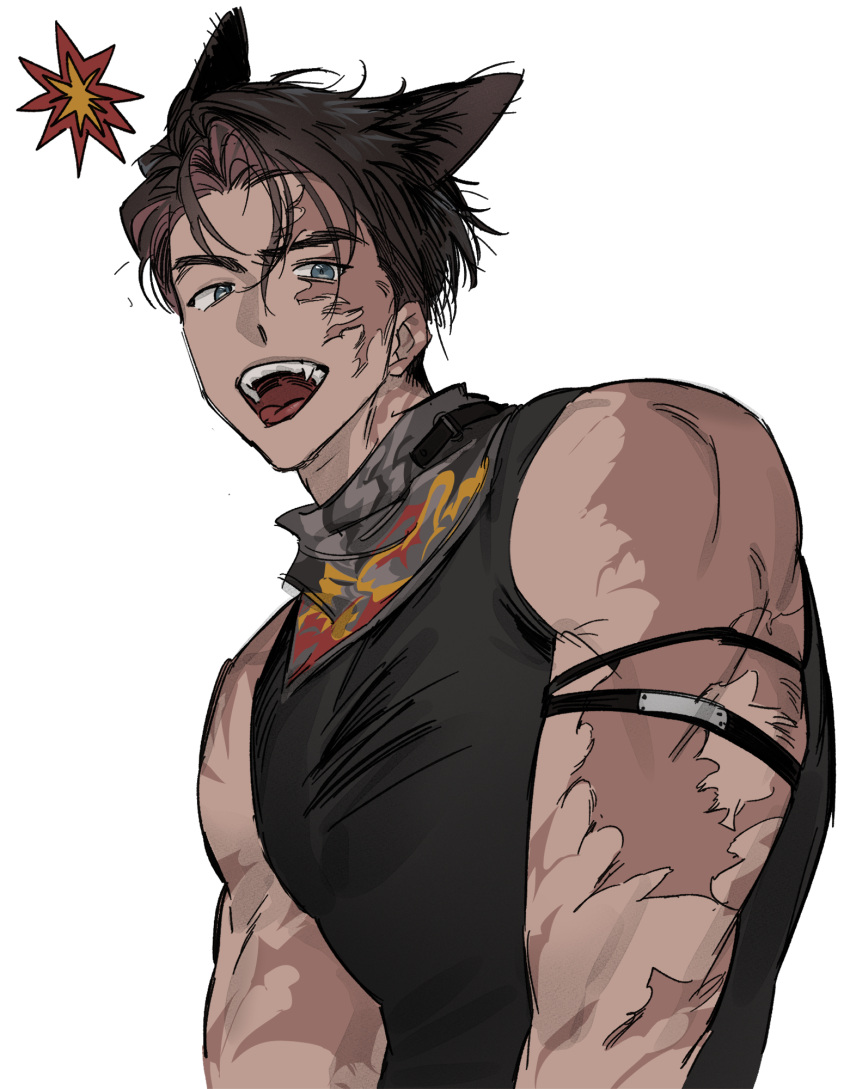 1boy, animal_ears, bare_shoulders, black_hair, black_neckerchief, black_tank_top, blue_eyes, burn_scar