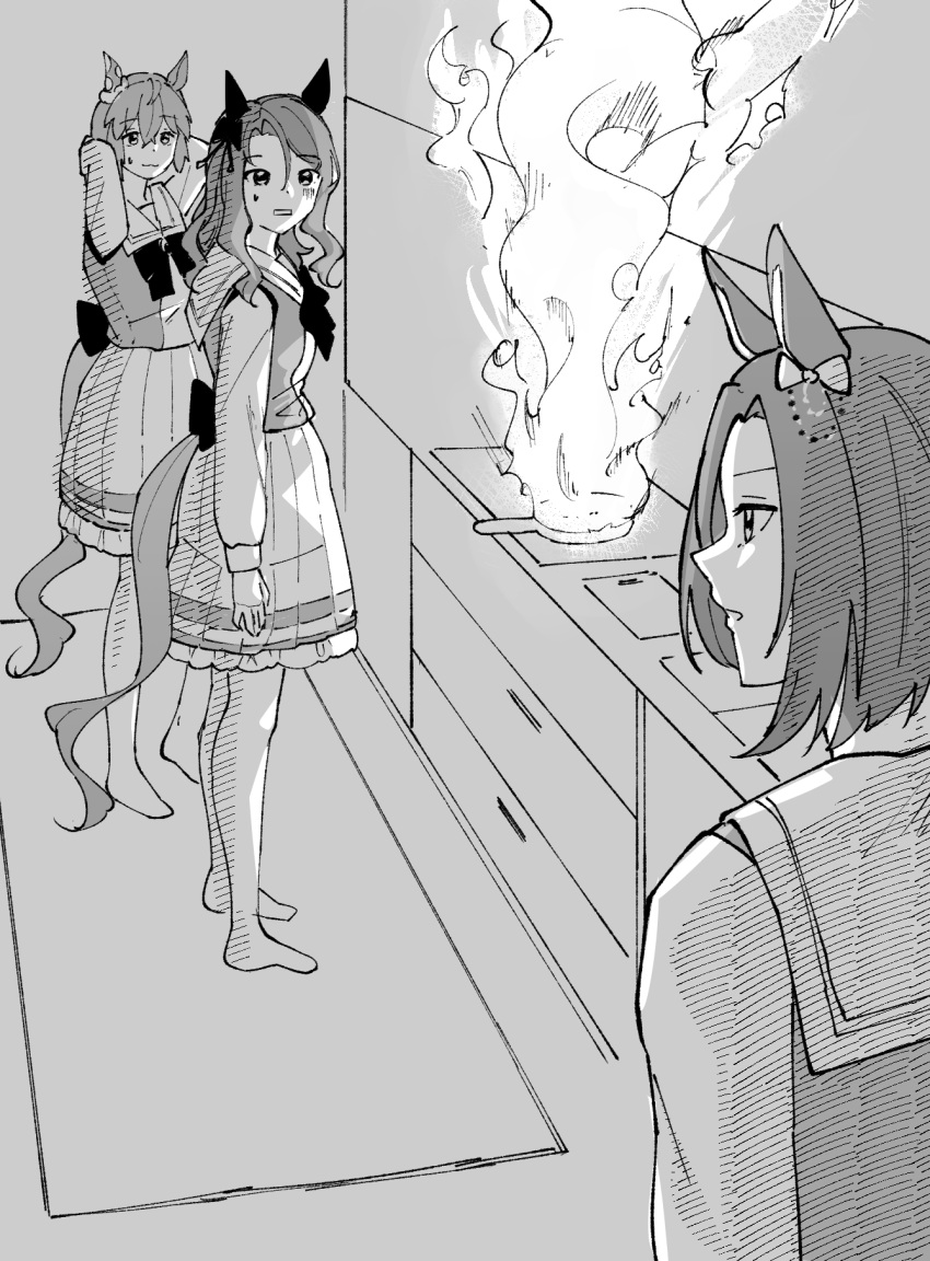 3girls, air_groove_(umamusume), animal_ears, breasts, commentary, cooking, ear_covers, frying_pan