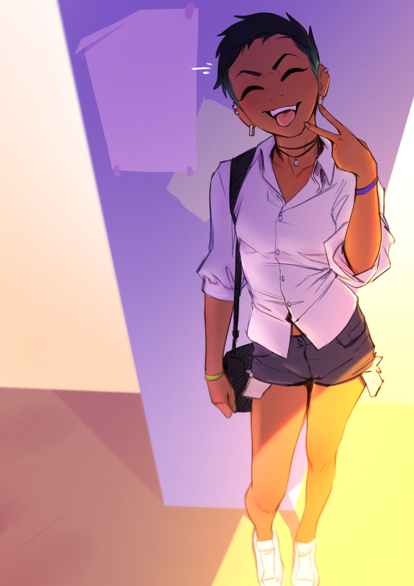 1girl, absurdres, bag, black_hair, blush, bracelet, closed_eyes, dress_shirt