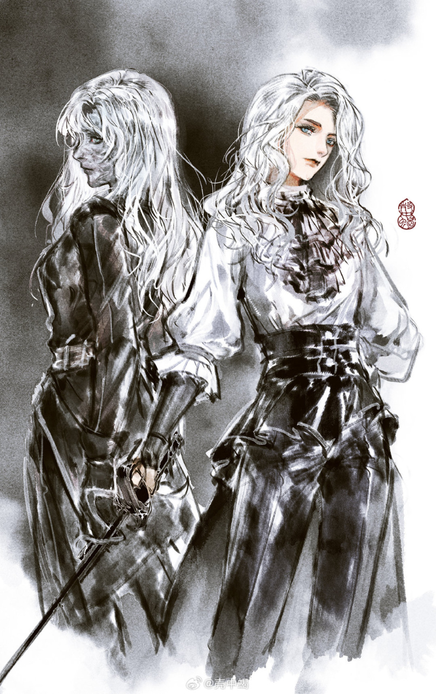 2girls, alicia_(clair_obscur:_expedition_33), arm_behind_back, ascot, black_ascot, black_coat, black_gloves, black_pants