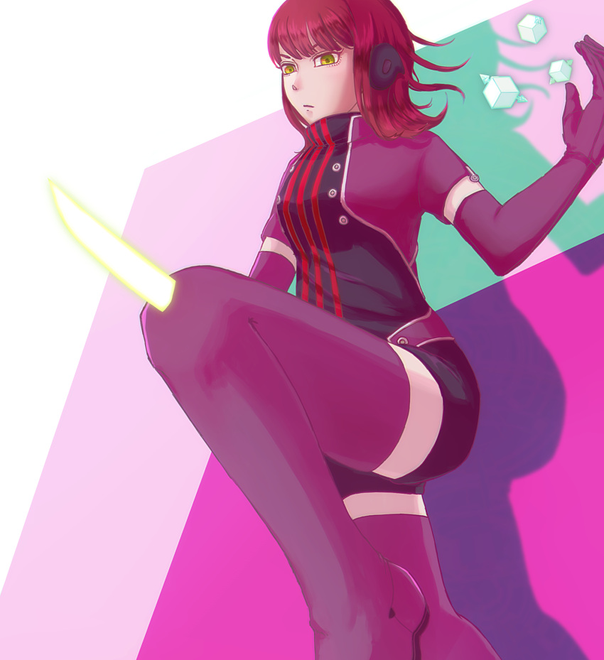 12576047, 1girl, boots, breasts, colorful_background, commentary, elbow_gloves, gloves