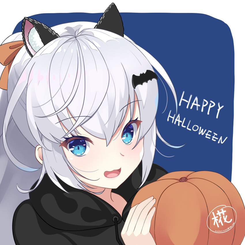 1girl, :d, absurdres, akatsuki_yureru_koi_akari, animal_ear_fluff, animal_ears, black_hoodie, blue_background