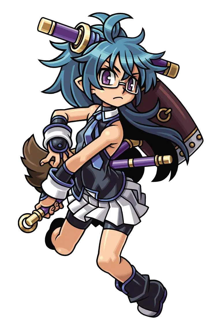1girl, ahoge, ankle_boots, aqua_hair, asagi_(shinrabanshou), bike_shorts, bike_shorts_under_skirt, black_boots, black_shirt, blue_necktie, blue_trim, boots, brown_tail, closed_mouth, glasses, hair_ornament, hammer, harakawa_mitsuhiro, high_ponytail, holding, holding_hammer, necktie, official_art, pleated_skirt, pointy_ears, ponytail, raccoon_tail, sheath, shinrabanshou, shirt, skirt, sleeveless, sleeveless_shirt, solo, tail, third-party_source, transparent_background, violet_eyes, white_skirt