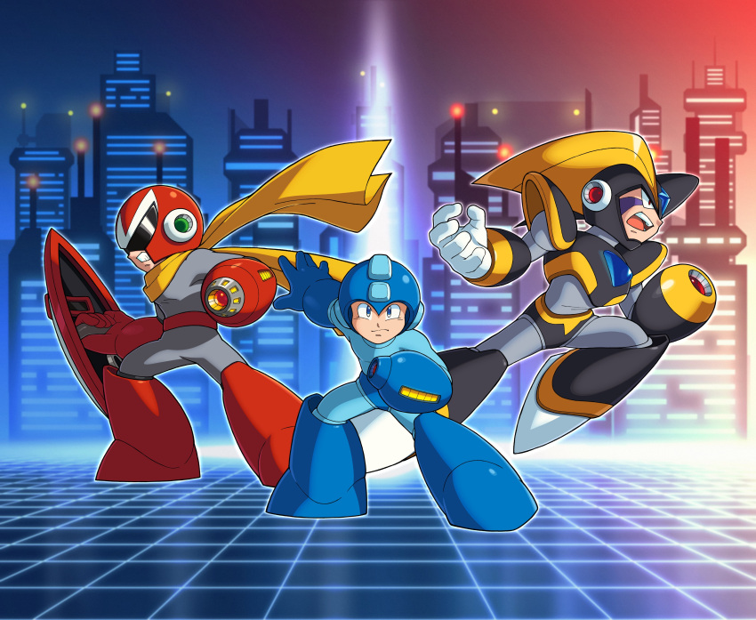 3boys, absurdres, android, arm_cannon, armor, assault_visor, bass_(mega_man), black_armor