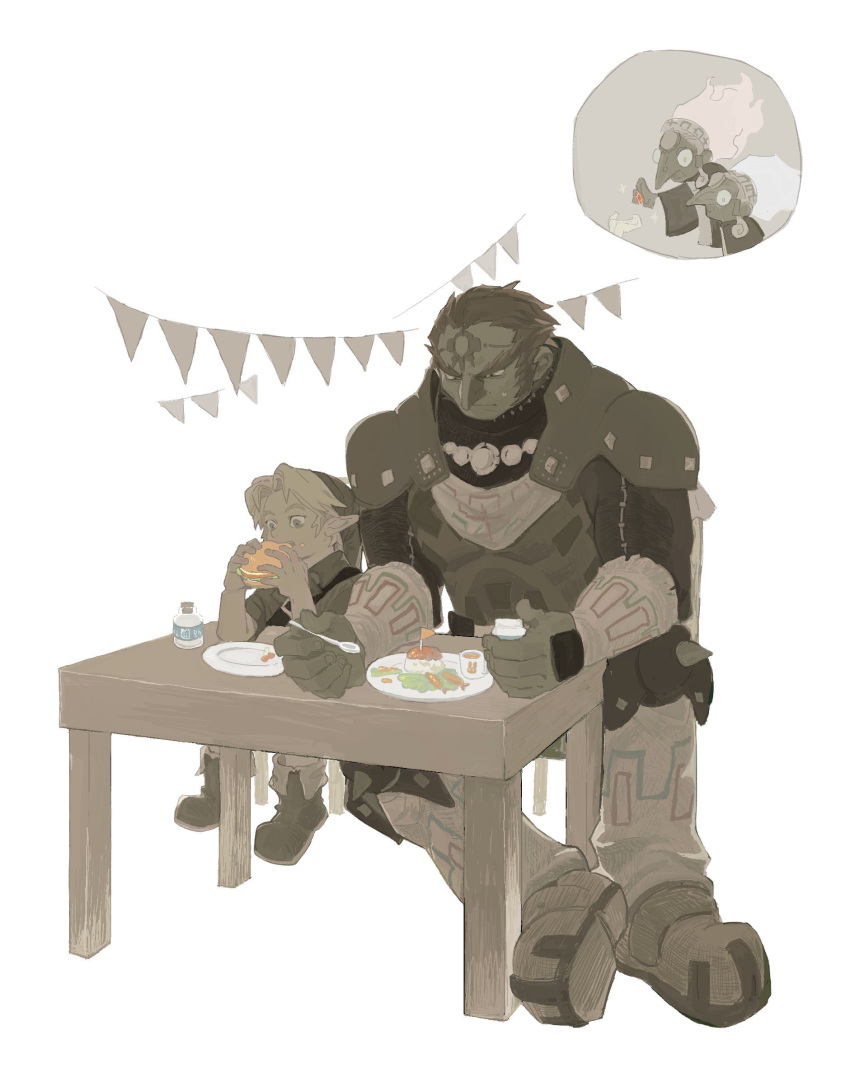 26_zzzzzz, 2boys, 2girls, absurdres, age_difference, arm_wrap, armor, banner